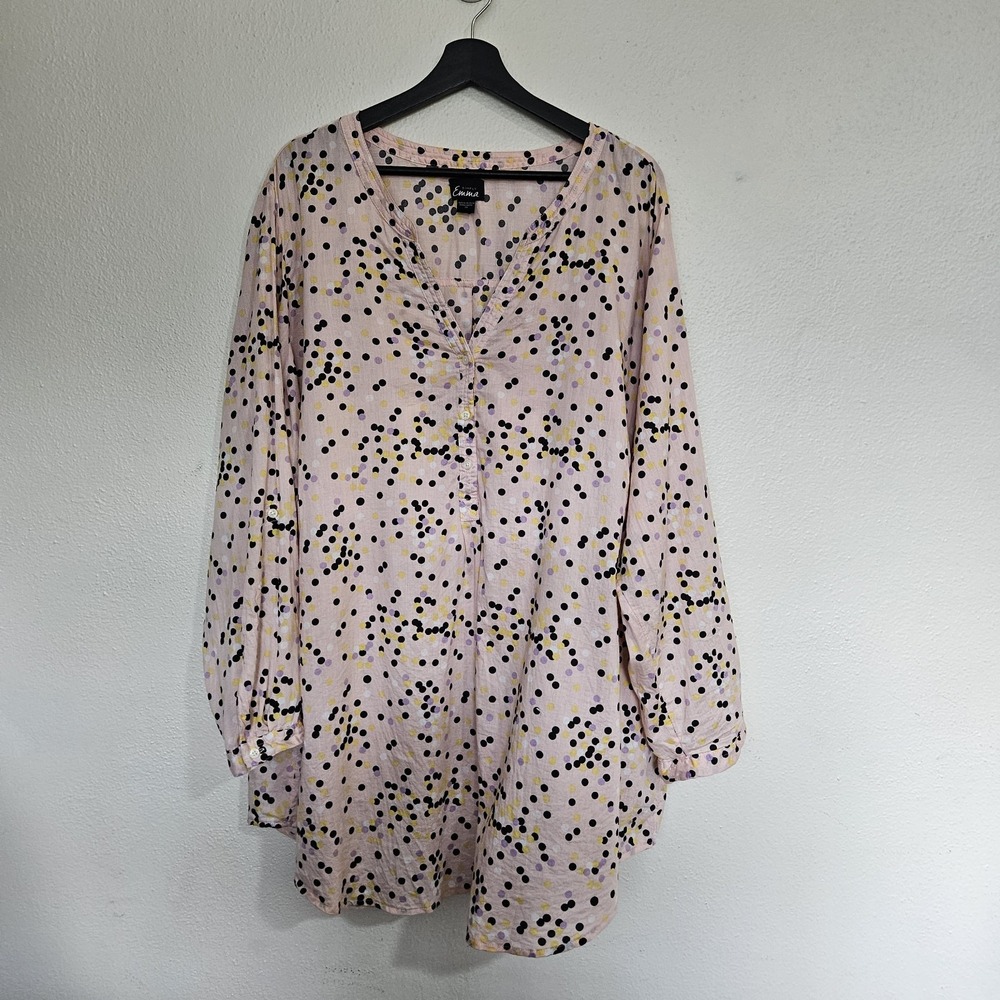 Simply Emma Women's 3X Light Pink Polka Dot V-Neck Tunic Shirt Dress 100% Cotton